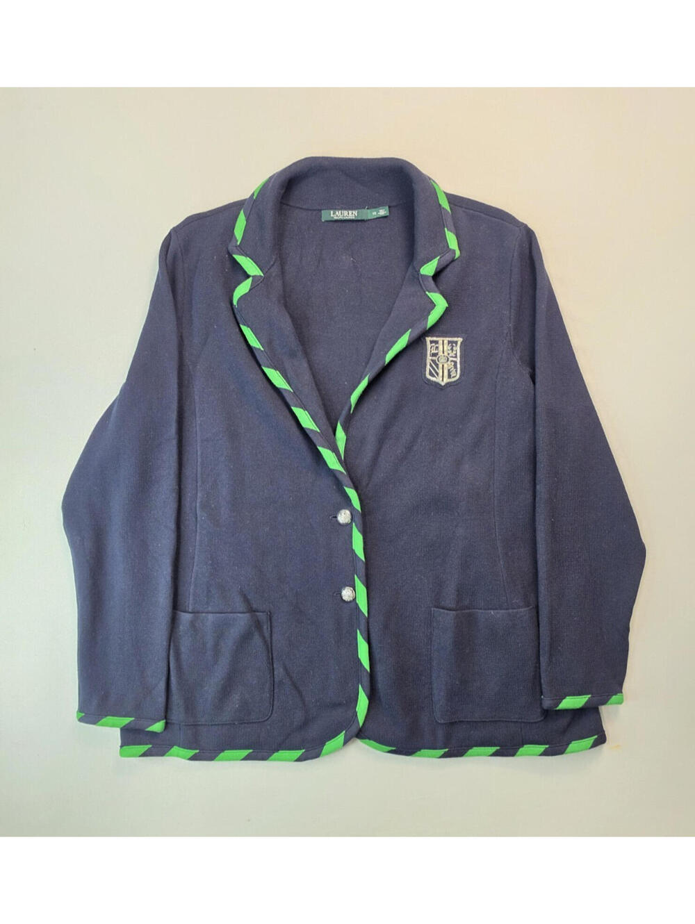 Lauren Ralph Lauren Navy Blue Green Striped Trim Crown Crest Knit Cardigan 1X